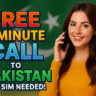 An advertisement featuring a smiling young woman holding a phone to her ear, set against a green background with the flag of Pakistan subtly displayed. The woman, positioned on the right side, has long brown hair and is wearing a bright yellow long-sleeved top. She is looking directly at the viewer with a wide smile, as if in conversation. On the left side of the image, large, bold 3D text in blue and orange reads "FREE 5 MINUTE CALL". Below this, in large green text, it says "TO PAKISTAN". Underneath, in smaller white text, it states "NO SIM NEEDED!". A subtle white star, part of the Pakistani flag design, is visible in the top right corner.
