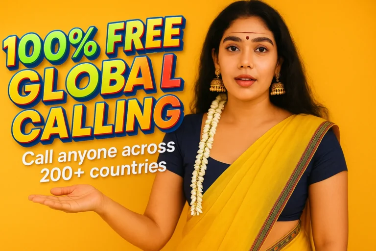 An advertisement featuring a young Indian woman on a bright yellow background. The woman, positioned on the right side, is wearing a yellow saree with a multi-colored patterned border and a navy blue short-sleeved blouse. Her long dark hair is styled over her right shoulder, adorned with a long string of white jasmine flowers (gajra) cascading down her left side from behind her ear. She has a red bindi on her forehead, a delicate gold nose ring, and prominent gold jhumka earrings. She is looking at the viewer with a slightly open mouth, and her left hand is extended forward with the palm open. On the left side of the image, large, bold 3D text in blue and orange reads "100% FREE GLOBAL CALLING." Below this, in smaller white text, it says "Call anyone across 200+ countries."