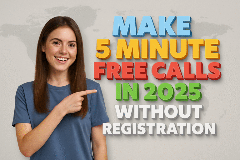 An advertisement featuring a smiling young woman against a light gray background with a subtle world map pattern. The woman, positioned on the left side, has long dark hair and is wearing a plain blue short-sleeved t-shirt. She is looking directly at the viewer with a wide, friendly smile, and her right arm is extended with her index finger pointing towards the right side of the image. On the right side, large, bold 3D text reads: "MAKE" in blue, "5 MINUTE" in orange, "FREE CALLS" in red, and "IN 2025 WITHOUT REGISTRATION" in white and green.