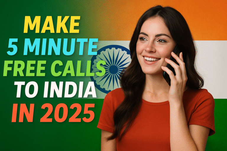 An advertisement featuring a smiling young woman holding a phone to her ear, set against a background of the Indian flag. The woman, positioned on the right side, has long dark hair and is wearing a rust-colored short-sleeved t-shirt. She is looking to her left with a wide, friendly smile, as if in conversation. On the left side of the image, large, bold 3D text in yellow, blue, and green reads "MAKE 5 MINUTE FREE CALLS TO INDIA". Below this, in large orange text, it says "IN 2025". The background behind the text clearly displays the green, white, and orange stripes of the Indian flag, with the Ashoka Chakra subtly visible behind the woman's head.