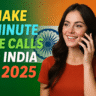 An advertisement featuring a smiling young woman holding a phone to her ear, set against a background of the Indian flag. The woman, positioned on the right side, has long dark hair and is wearing a rust-colored short-sleeved t-shirt. She is looking to her left with a wide, friendly smile, as if in conversation. On the left side of the image, large, bold 3D text in yellow, blue, and green reads "MAKE 5 MINUTE FREE CALLS TO INDIA". Below this, in large orange text, it says "IN 2025". The background behind the text clearly displays the green, white, and orange stripes of the Indian flag, with the Ashoka Chakra subtly visible behind the woman's head.