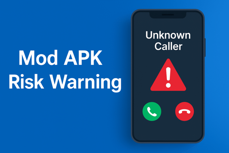 A digital graphic showing a smartphone screen with an incoming call from "Unknown Caller" and a large red warning triangle with an exclamation mark, symbolizing danger. Below the warning icon are green and red call buttons. The background is a clean blue gradient, and bold white text on the left reads “Mod APK Risk Warning.” The image visually represents the dangers of installing unauthorized or modified APK files, emphasizing user caution.