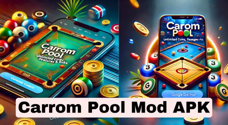 Carrom Pool Mod APK feature image showing unlimited coins and gems with a carrom board.