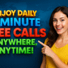 An advertisement featuring a smiling young woman against a dark blue background with a subtle world map pattern. The woman, positioned on the right side, has long dark hair and is wearing a bright yellow short-sleeved t-shirt. She is looking directly at the viewer with a wide, friendly smile, and her right arm is extended with her index finger pointing towards the left side of the image. On the left side, bold, colorful 3D text reads: "ENJOY DAILY" in orange, "5 MINUTE" in blue, "FREE CALLS" in red, and "ANYWHERE, ANYTIME!" in green.