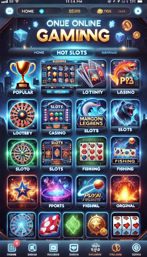 A colorful gaming app interface with a mix of slot machines, card games, and sports icons. The background features a gradient with glowing elements. Categories like Popular, Lottery, Casino, and Fishing are highlighted with vivid graphics, while the bottom bar shows minimalist icons with glowing accents.