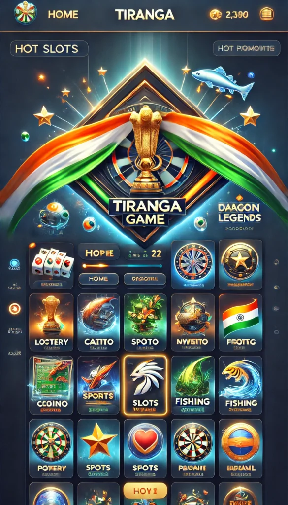 A sleek mobile gaming app interface for "Tiranga Game," featuring the Indian flag with the Ashoka Chakra at the top. The background has a dark blue gradient with vibrant saffron, white, and green accents. Categories like Popular, Lottery, Casino, and Slots are displayed with 3D icons, and a glowing bottom navigation bar with icons for Home, Promotion, and Wallet.