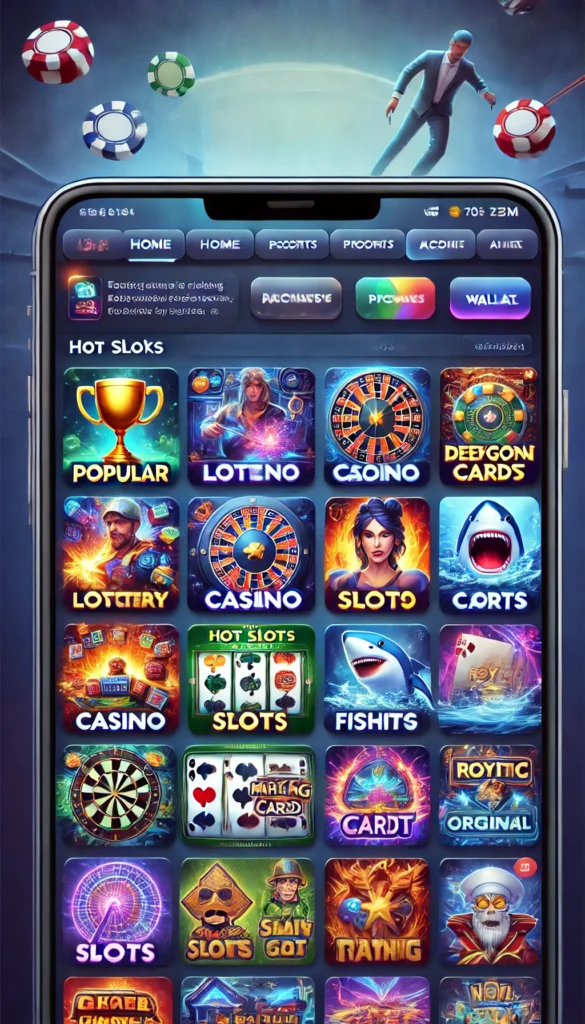 A patriotic-themed online gaming app layout for "Tiranga Game," showcasing a golden trophy with the Indian tricolor flag. The app includes categories like Slots, Lottery, Casino, and Fishing, all represented with high-definition icons. The design is highlighted with glowing stars and neon outlines.