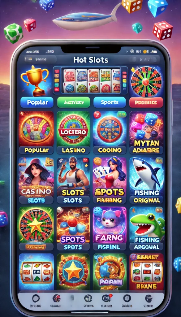 A modern casino-themed gaming app interface with Tiranga-inspired colors. The screen displays categories like Popular, Casino, Slots, Sports, and Fishing with vibrant, dynamic icons. The bottom navigation bar features glowing icons for easy access to Home, Activity, and Wallet.