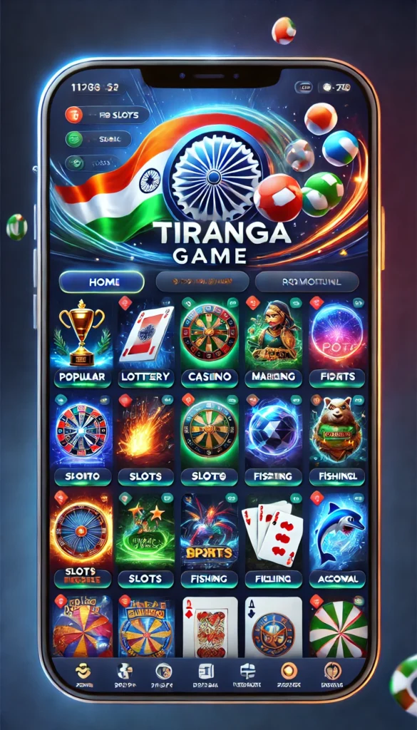 A premium online gaming app interface for "Tiranga Game" with a golden trophy draped in the Indian tricolor flag. The dark background is highlighted with neon lights and stars. The interface showcases categories like Lottery, Sports, Casino, Slots, and Fishing, with dynamic icons and a glowing navigation bar at the bottom.