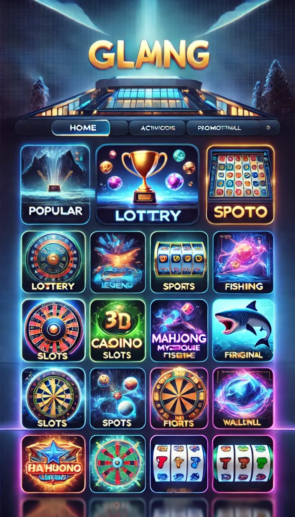 A futuristic online gaming app interface featuring neon lighting effects against a dark blue background. Categories like Popular, Lottery, Casino, Slots, and Fishing are displayed with glowing 3D icons. The navigation bar at the bottom includes sleek icons for Home, Activity, Promotion, Wallet, and Account.