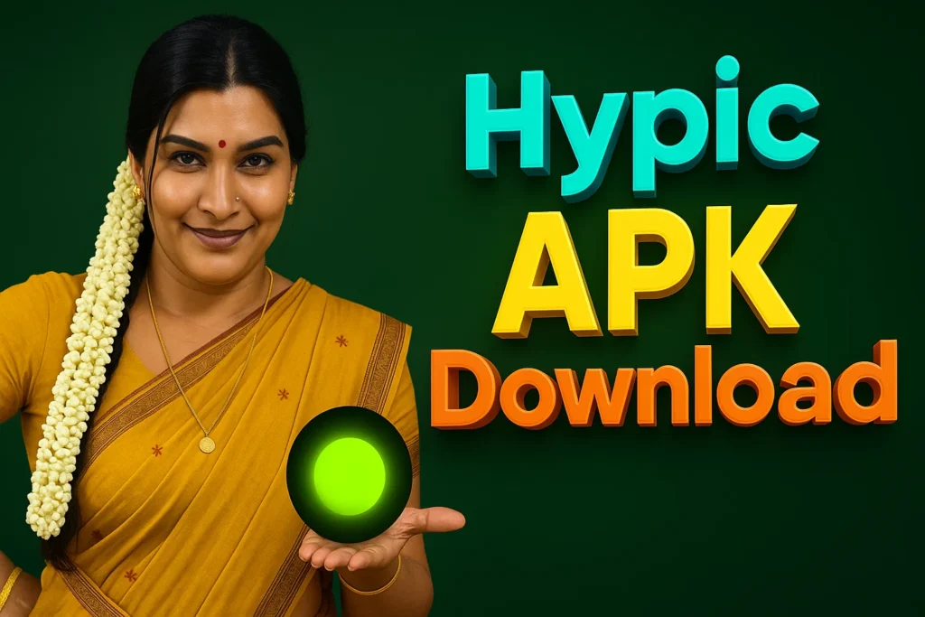 A smiling woman with dark hair styled in a braid adorned with white flowers (likely jasmine) is holding her left hand out, palm up, with a glowing green orb floating above it. She is wearing a yellow saree and a gold necklace. To her right, large, bold 3D text in shades of blue, yellow, and orange reads "Hypic APK Download." The background is a dark green.