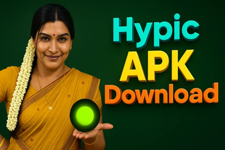A smiling woman with dark hair styled in a braid adorned with white flowers (likely jasmine) is holding her left hand out, palm up, with a glowing green orb floating above it. She is wearing a yellow saree and a gold necklace. To her right, large, bold 3D text in shades of blue, yellow, and orange reads "Hypic APK Download." The background is a dark green.