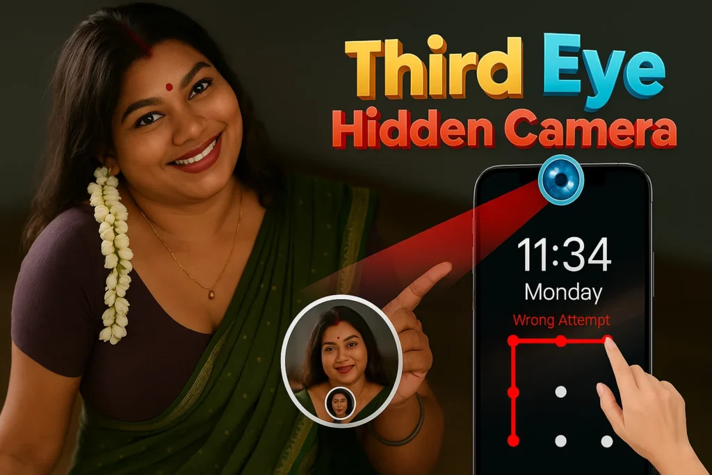 A smiling woman with dark hair, a bindi on her forehead, and jasmine flowers in her hair, wearing a green sari and dark top, is on the left. On the right, a smartphone screen displays "11:34 Monday" and "Wrong Attempt" with a red pattern indicating a failed unlock attempt. Above the phone, the words "Third Eye Hidden Camera" are prominently displayed, with a camera icon integrated into the title. A small circular inset shows a zoomed-in image of the woman from the left, and a smaller circle below that shows an even further zoomed-in image of her face. Red lines extend from the camera icon towards the phone screen, suggesting a hidden camera feature.