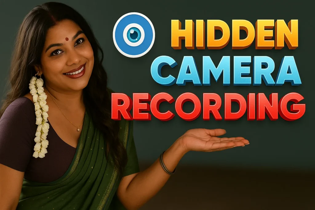 A smiling woman with dark hair, wearing a green sari and dark top, adorned with jasmine flowers in her hair and a bindi, is on the left side of the frame. Her right hand is extended, palm up, as if presenting something. To the right, the words "HIDDEN CAMERA RECORDING" are displayed in large, colorful, 3D-like letters, with a blue and white camera icon preceding "HIDDEN."