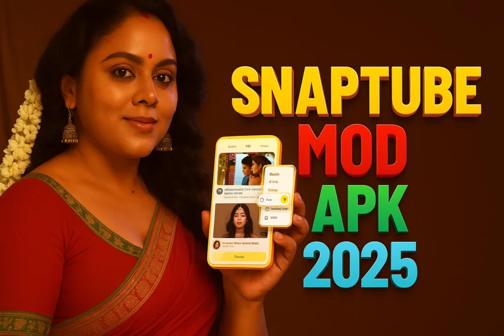 A woman with long, dark, wavy hair, adorned with white flowers on the right side, wearing a red and gold sari and large earrings, stands slightly to the left, looking directly at the viewer and smiling. She holds a yellow smartphone in her left hand, displaying a video streaming interface with various video thumbnails and an overlay menu. To the right, in large, colorful, sans-serif letters, are the words "SNAPTUBE" in yellow, "MOD" in red, "APK" in green, and "2025" in teal. The background is a solid, dark reddish-brown color.