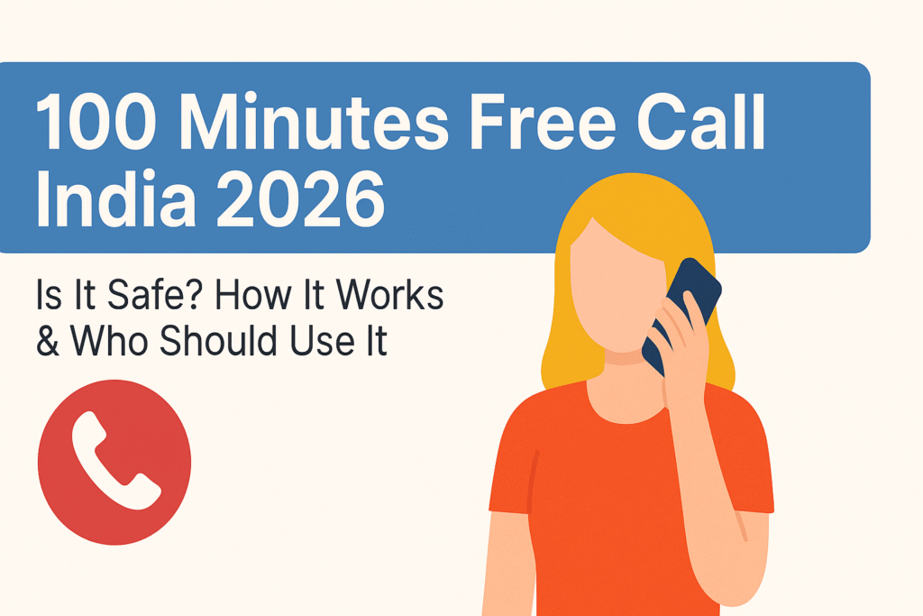 "Illustration of a woman talking on the phone with the text 100 Minutes Free Call India 2026 in a clean, modern layout"