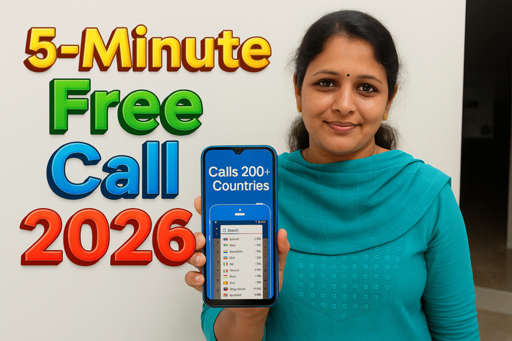 Indian woman smiling and holding a smartphone showing international calling app screen, with colorful 3D text “5-Minute Free Call 2026” — bright blue tech background, perfect for WordPress featured image.