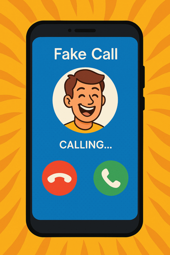Fake Call Free 2026 – what it is, how it works and why it’s more than a prank 1 Playful illustration of a smartphone showing a fake call prank with a smiling cartoon caller.