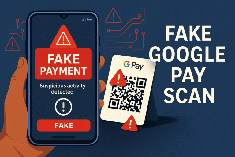 “Fake Google Pay scan warning image showing a smartphone with fake payment alert and QR code scam symbol – 2026 digital fraud awareness.”
