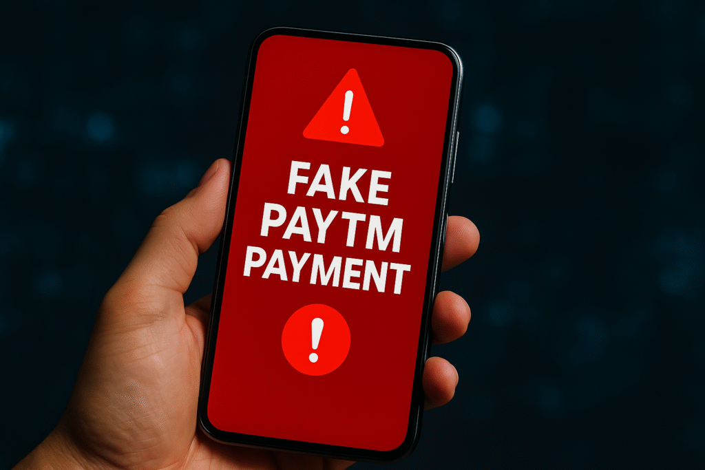 Fake Paytm mod APK warning on smartphone screen showing fake payment alert for 2026 safety awareness