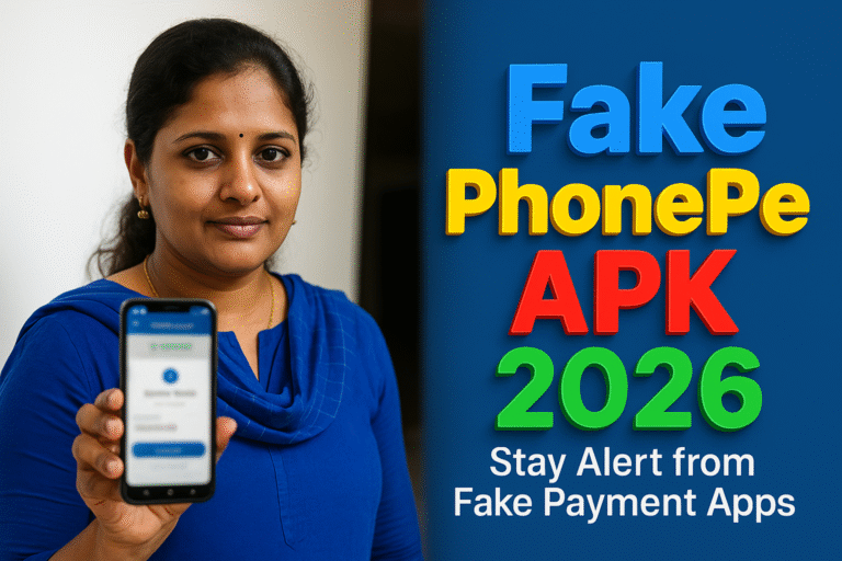 Indian woman in blue holding a smartphone showing a blurred payment alert, with bold 3D text “Fake PhonePe APK 2026 – Stay Alert from Fake Payment Apps” on a blue background, designed for WordPress featured image.