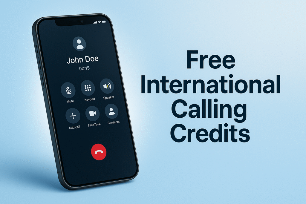“High-quality 1200×628 px banner showing a modern smartphone with a calling interface on a blue–white gradient background, soft glow, realistic shadows, and bold text reading ‘Free International Calling Credits’, clean and minimal design suitable for Google Discover.”