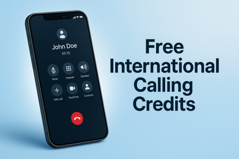 “High-quality 1200×628 px banner showing a modern smartphone with a calling interface on a blue–white gradient background, soft glow, realistic shadows, and bold text reading ‘Free International Calling Credits’, clean and minimal design suitable for Google Discover.”