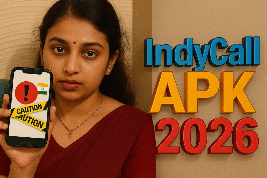 Realistic photo of an Indian woman holding a smartphone that displays a caution sign, with bright 3D text ‘IndyCall APK 2026’ on the side, used as a featured image to show privacy and safety risks of the IndyCall app.