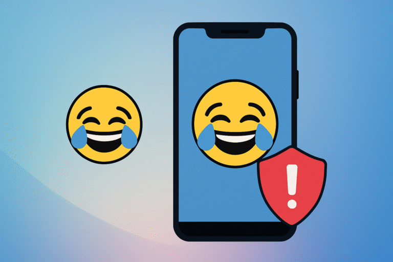 Smartphone displaying a laughing emoji with a warning shield icon, representing meme APK safety awareness