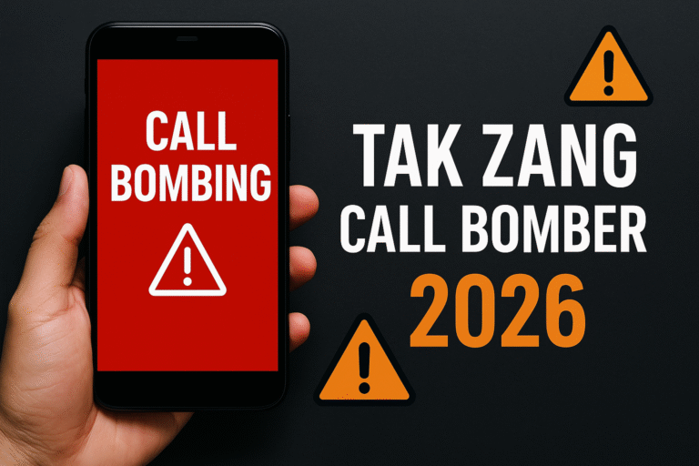 "Warning alert on smartphone showing call bombing message with Tak Zang Call Bomber 2026 text on dark background"
