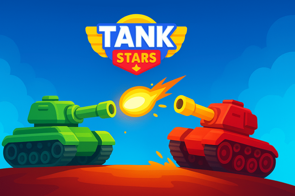 Colorful Tank Stars-style battle scene featuring a green tank and a red tank firing projectiles in a promotional artwork.
