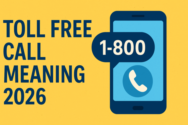 Flat illustration showing a smartphone with 1-800 toll-free number and bold text “Toll Free Call Meaning 2026” on a yellow background.