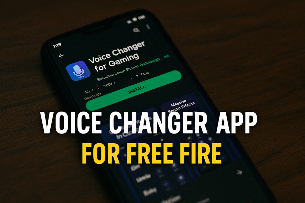 Smartphone showing Play Store page of Voice Changer for Gaming app on wooden surface