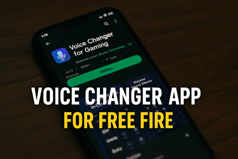 Smartphone showing Play Store page of Voice Changer for Gaming app on wooden surface