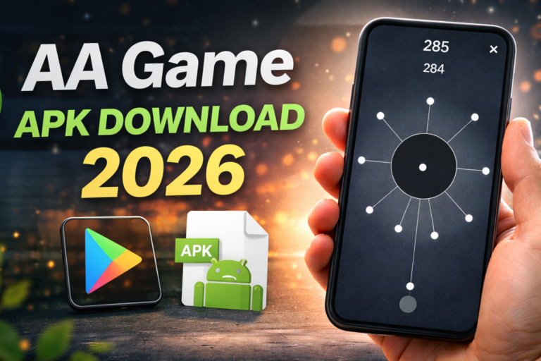 Hand holding a smartphone showing the AA game screen with pins and rotating circle, representing AA Game APK Download 2026 on Android.