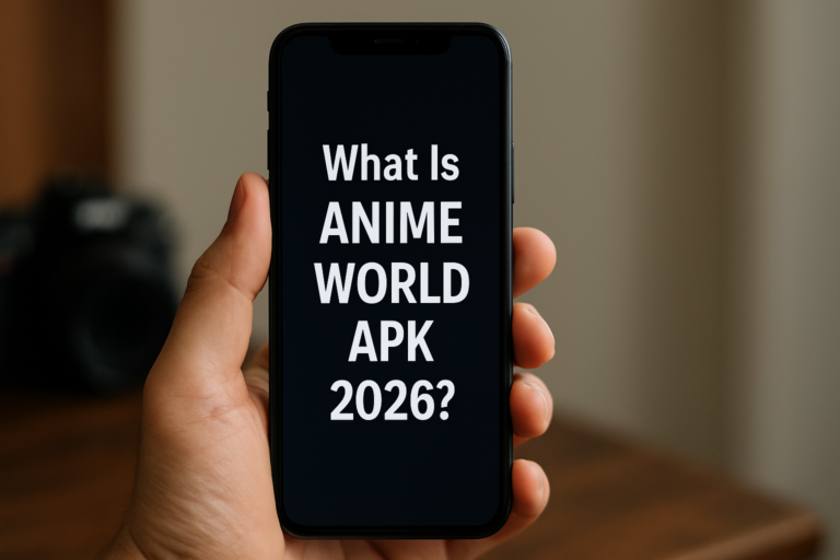 Hand holding a smartphone displaying the text “What Is Anime World APK 2026?” on a dark screen, representing an informational guide about Anime World APK.