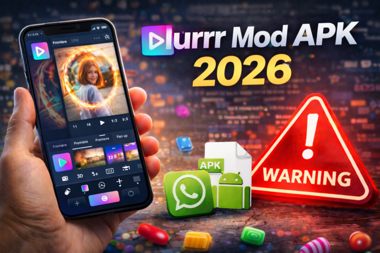 Hand holding a smartphone showing Blurrr video editing screen with a red warning symbol and APK icon, highlighting Blurrr mod APK 2026 risks.
