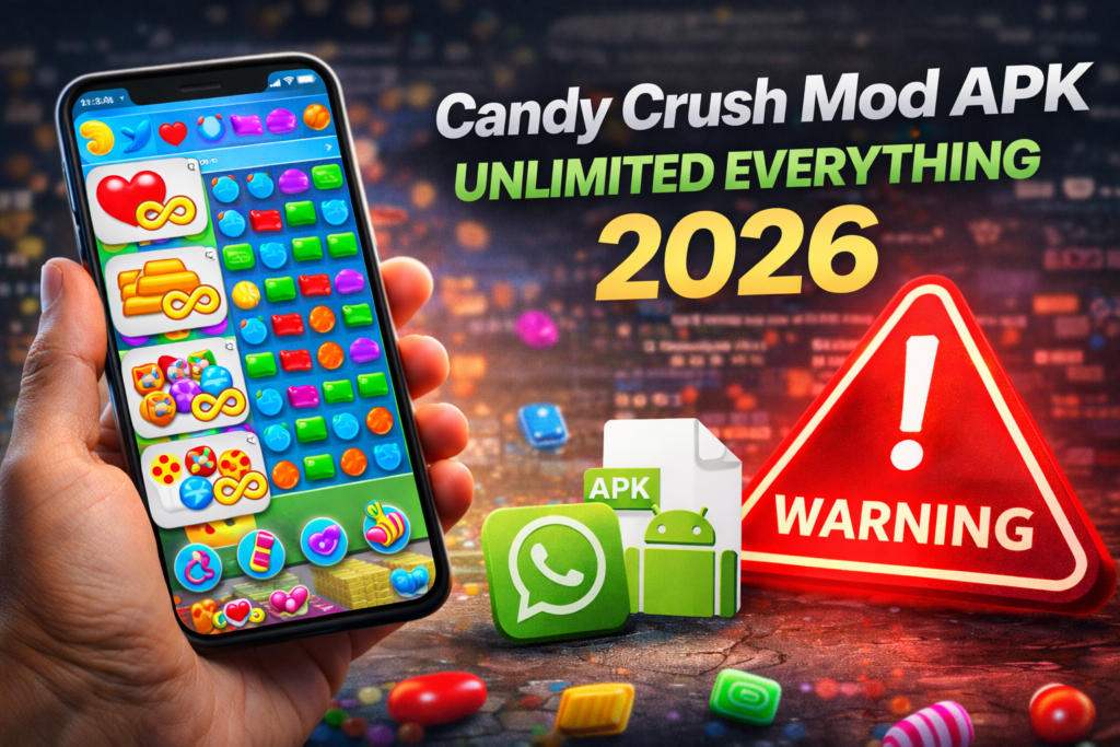 Hand holding a smartphone showing a Candy Crush–style game screen with a warning sign and APK icon, highlighting risks of Candy Crush mod APK unlimited everything 2026.
