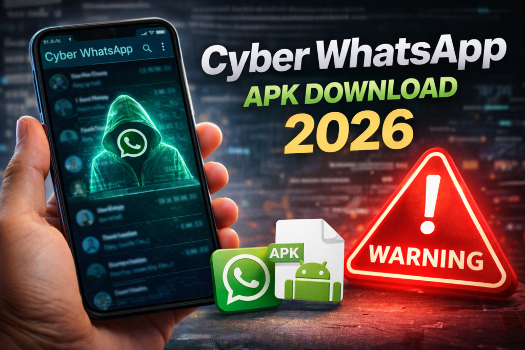 Hand holding a smartphone showing “Cyber WhatsApp APK Download 2026” with a hacker-style WhatsApp icon and red warning sign, highlighting safety risks.