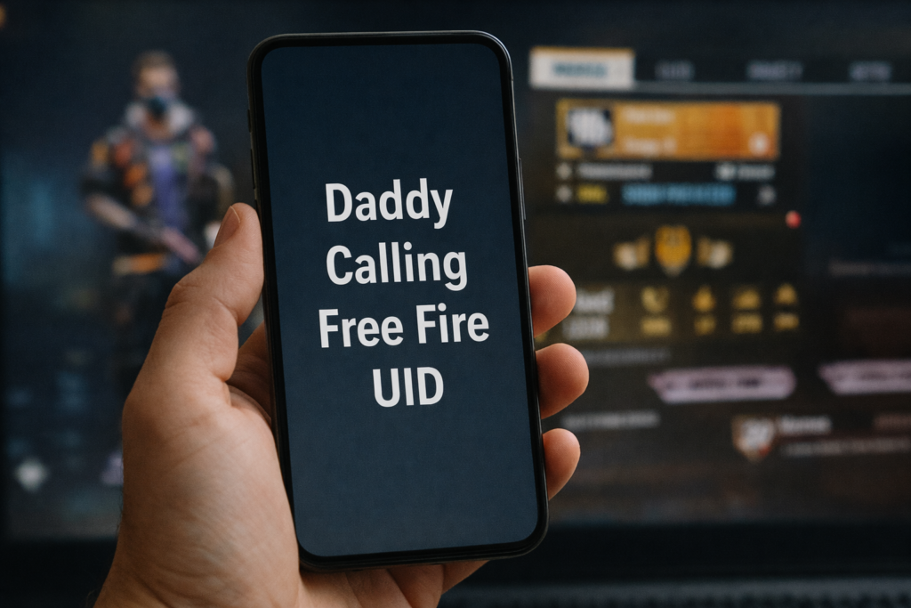 Hand holding a smartphone displaying “Daddy Calling Free Fire UID” text with a blurred Free Fire player profile screen in the background.