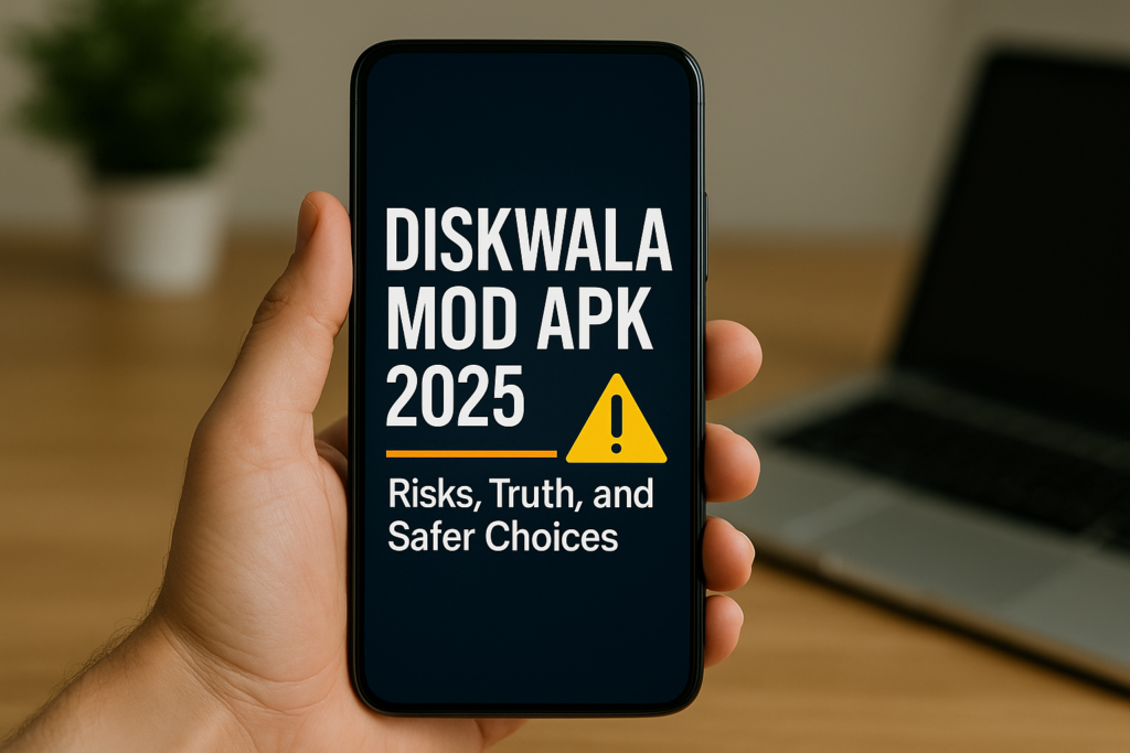 Person holding a smartphone displaying “Diskwala Mod APK 2025” with warning symbol, highlighting risks and safer choices.