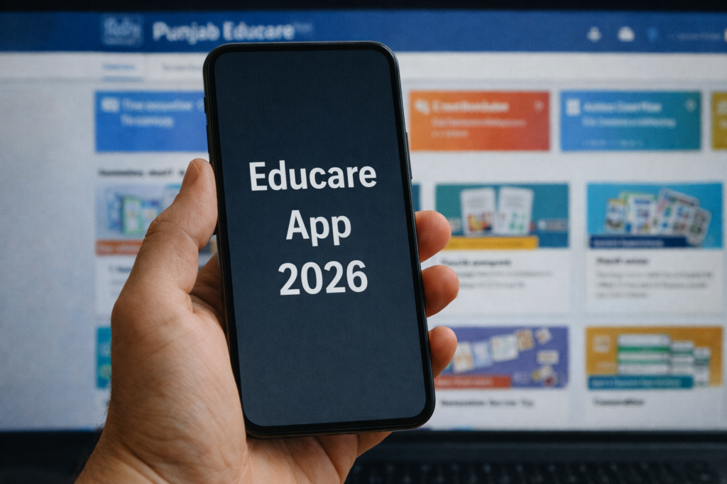 Hand holding a smartphone displaying “Educare App 2026” on the screen with a blurred Punjab Educare dashboard in the background.