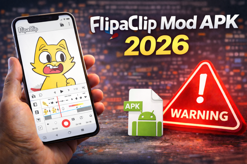 Hand holding a smartphone showing FlipaClip animation editor with a warning sign and APK icon, highlighting FlipaClip mod APK 2026 risks.