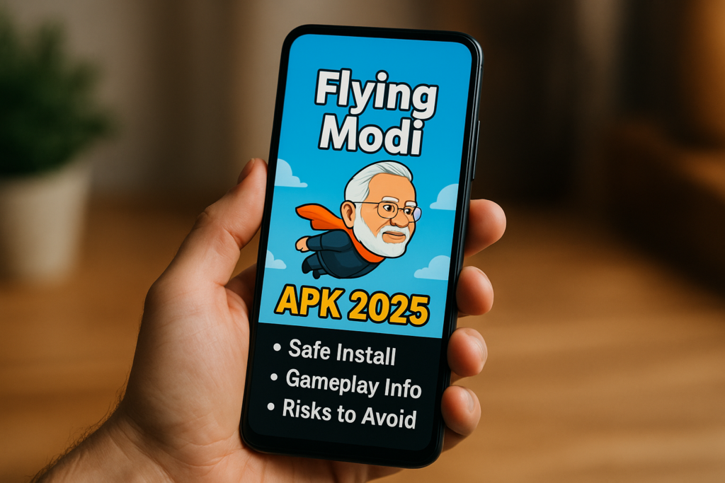 Hand holding a smartphone displaying the Flying Modi APK 2025 game screen, showing a cartoon flying character and safe gameplay information.