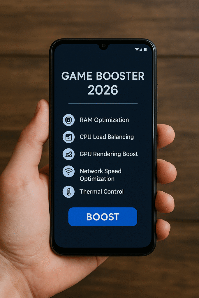 Hand holding a smartphone showing the Game Booster 2026 interface with RAM, CPU, GPU, network, and thermal optimization options on a wooden background.