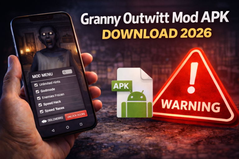 Hand holding a smartphone showing a Granny horror game screen with a red warning sign and APK icon, highlighting risks of Granny Outwitt mod APK download 2026.