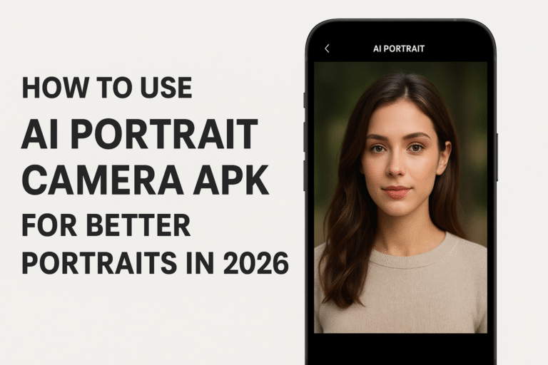 Smartphone displaying an AI portrait camera app with a realistic portrait of a woman, alongside text explaining how to use AI portrait camera APK in 2026.
