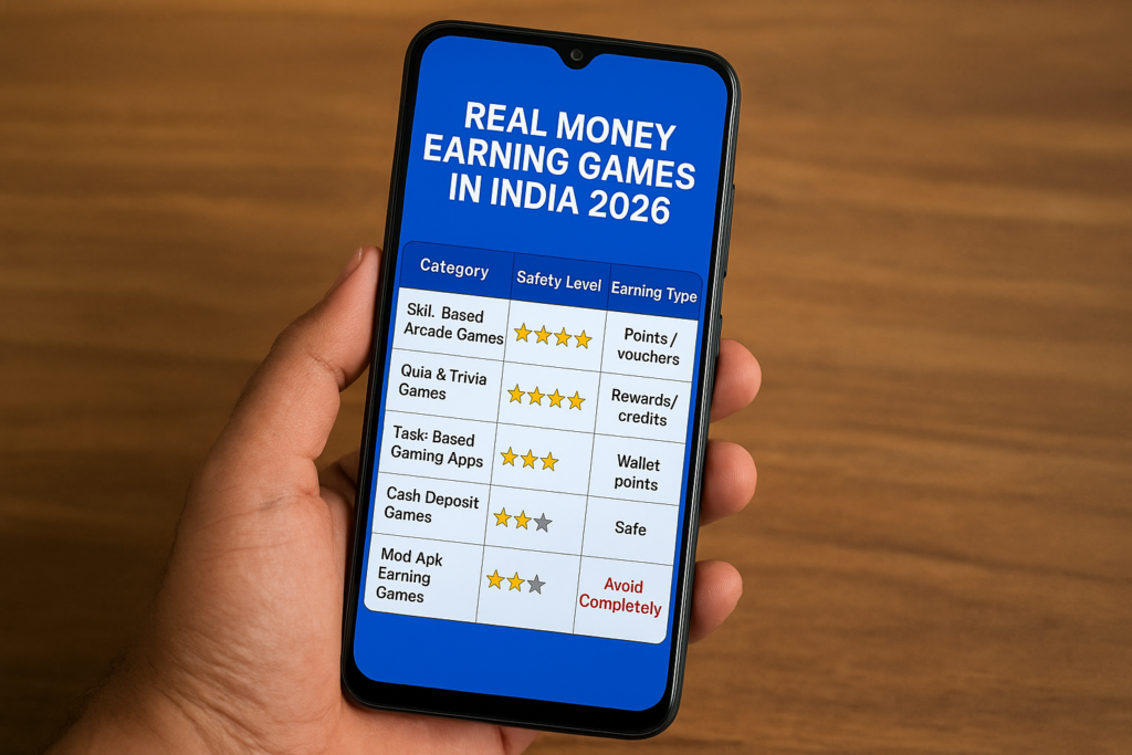Hand holding smartphone displaying “Real Money Earning Games 2026” interface with icons for safe earning categories, set against a wooden background.
