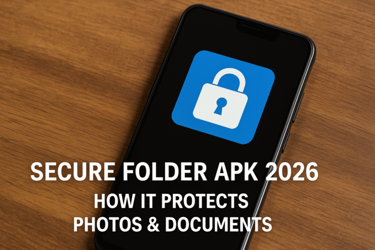 Smartphone showing a secure folder app interface with locked files and documents, representing private storage and data protection in 2026.
