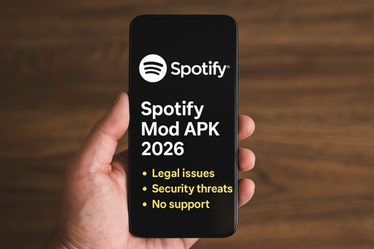 Hand holding a smartphone displaying the Spotify logo and “Spotify Mod APK 2026” warning text about legal issues, security threats, and lack of support.